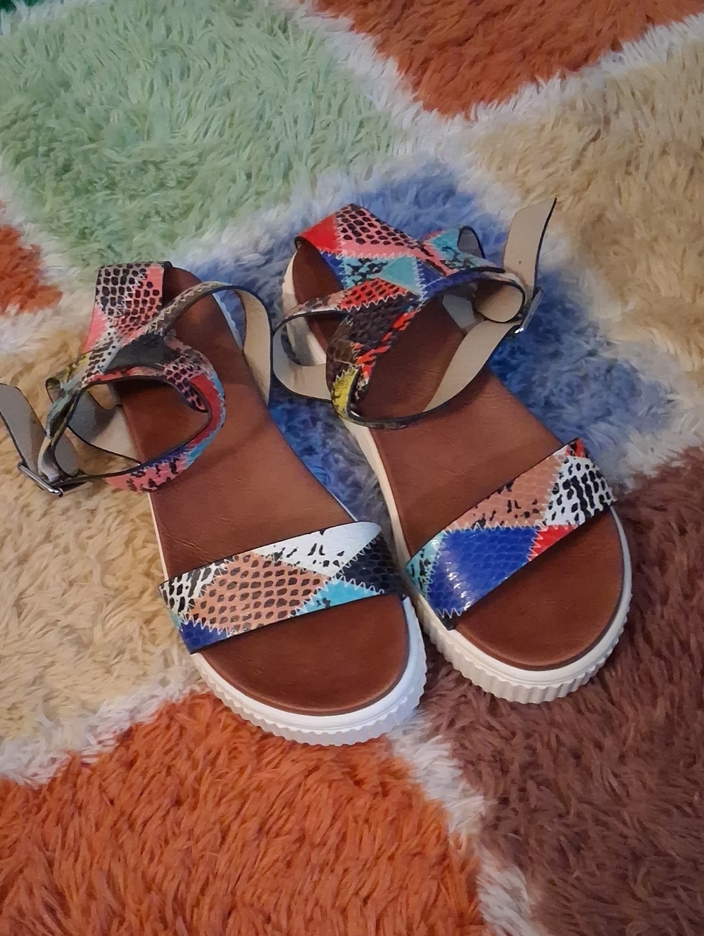 MIA Multicolor Snake-Print Platform Ankle-Strap Sandals